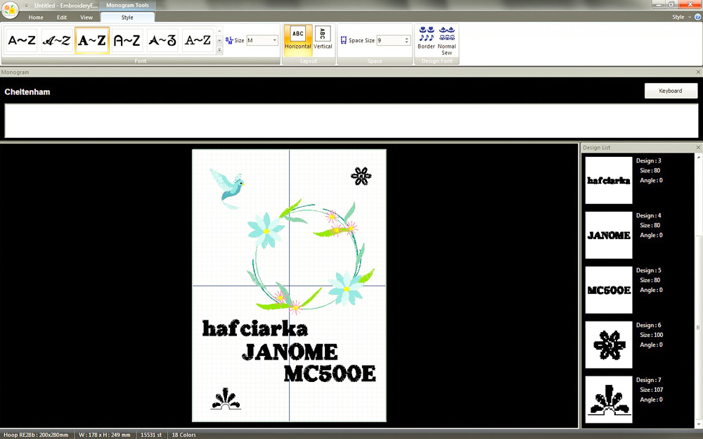 Program do projektowania haftów w hafciarce Janome MC500E
