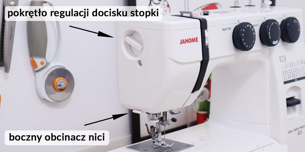 Maszyna do szycia Janome 523HD, boczny obcinacz nici i regulacja docisku stopki.