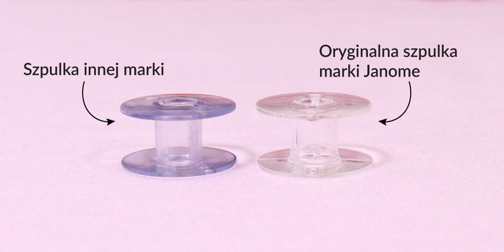 Porównanie oryginalnej szpulki Janome z uniwersalną szpulką plastikową.