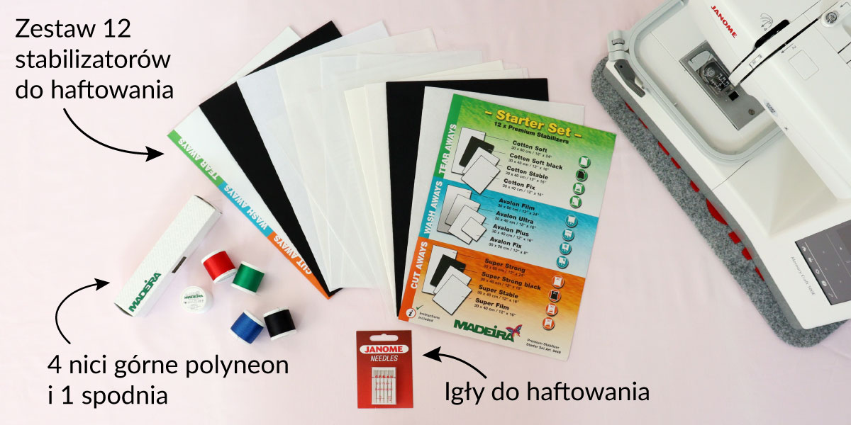 dodatkowy gratis do maszyny: zestaw startowy do haftu zawierający flizeliny, nici i igły