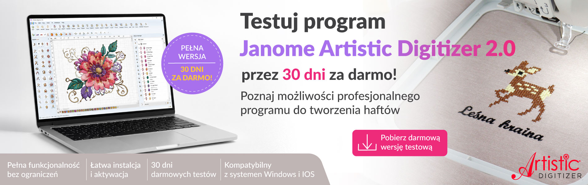 Darmowy test programu do projektowania haftów – Janome Artistic Digitizer